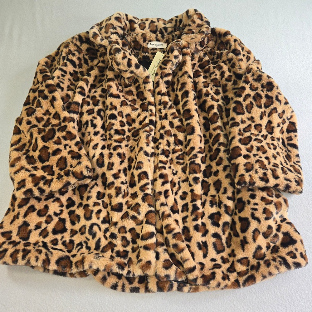 Impressions Faux Fur Coat Womens 1X Brown Leopard Print Open Front Jacket NEW